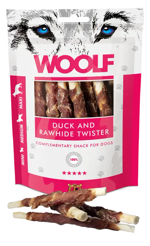 WOOLF Tyggepinner Duck and Rawhide Twister 100g